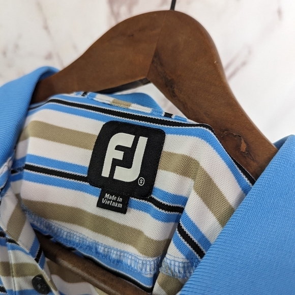 FootJoy Shirt Mens Small Polo Brown Blue Striped Golf Performance Foot Joy - Picture 3 of 10